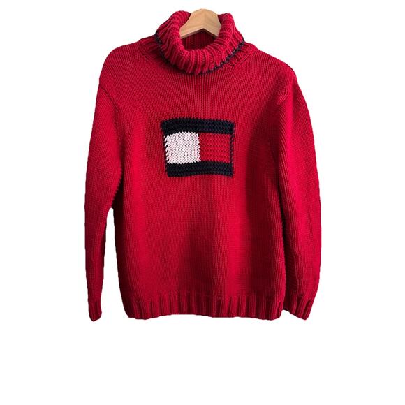 Tommy Hilfiger Sweaters - Tommy Hilfiger Hand 3D Chunky Knit Turtleneck Sweater Large Vintage 90s Big Logo